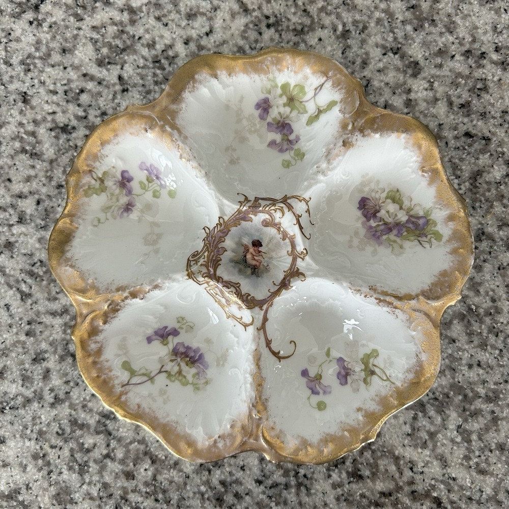 Antique Limoges France Oyster Plate 5-Well Hand Painted Violets Cherub Gilt 8"